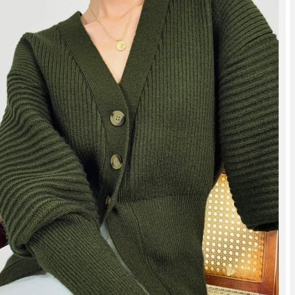 Button Up Balloon Sleeve Ribbed Knit Cardigan in Olive Green - Size S - Picture 9 of 12